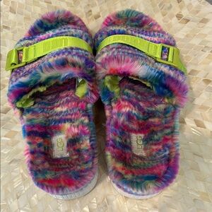 UGG Pink and Green Fuzzy Slippers